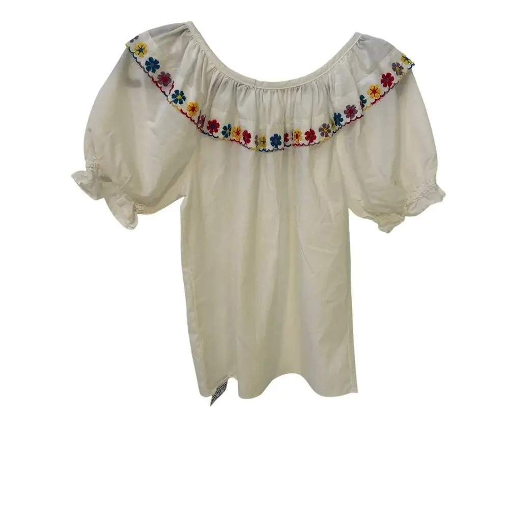 VTG Rockmount Ranch Wear White Floral Embroidered Ruffle Peasant Blouse Boho - Picture 2 of 8